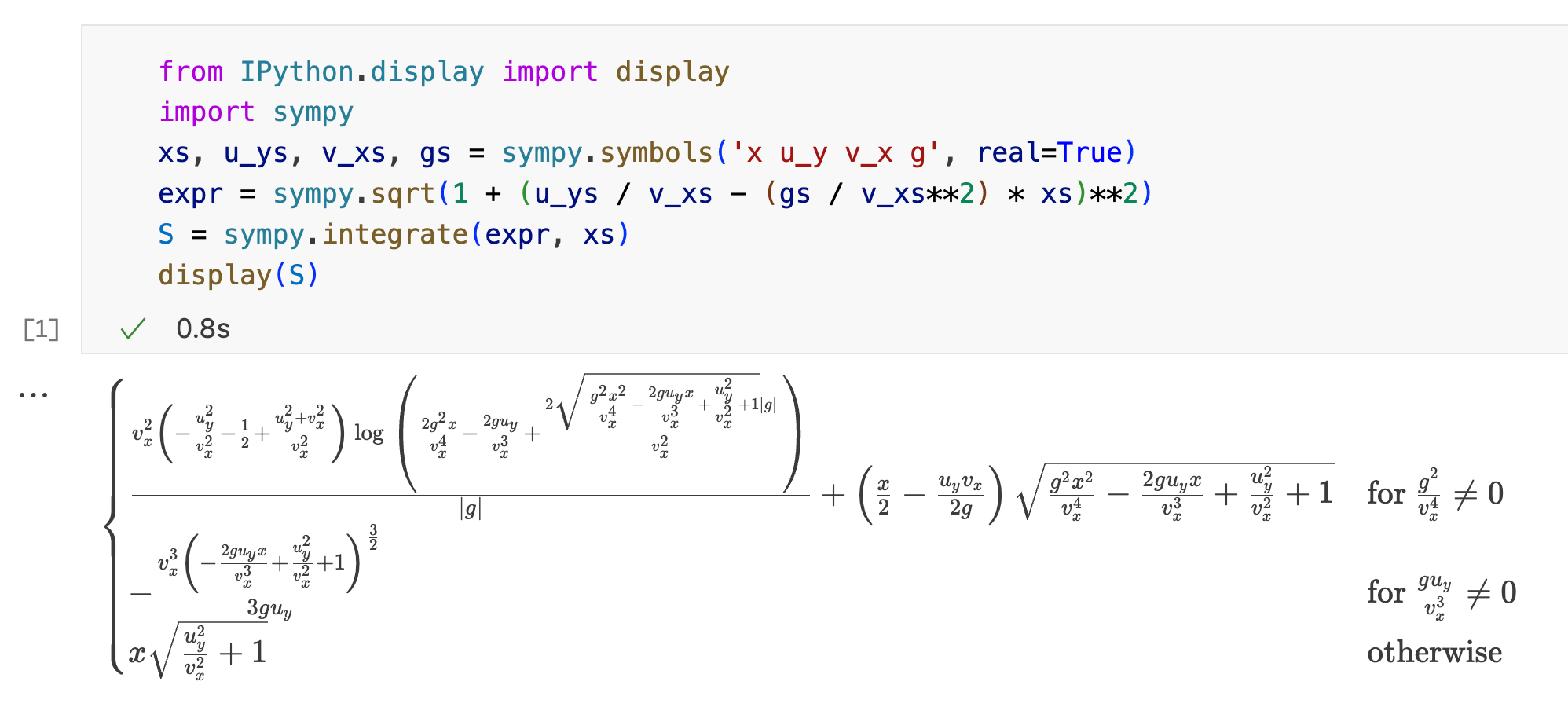 An evaluation of the integral in a Jupyter notebook with sympy